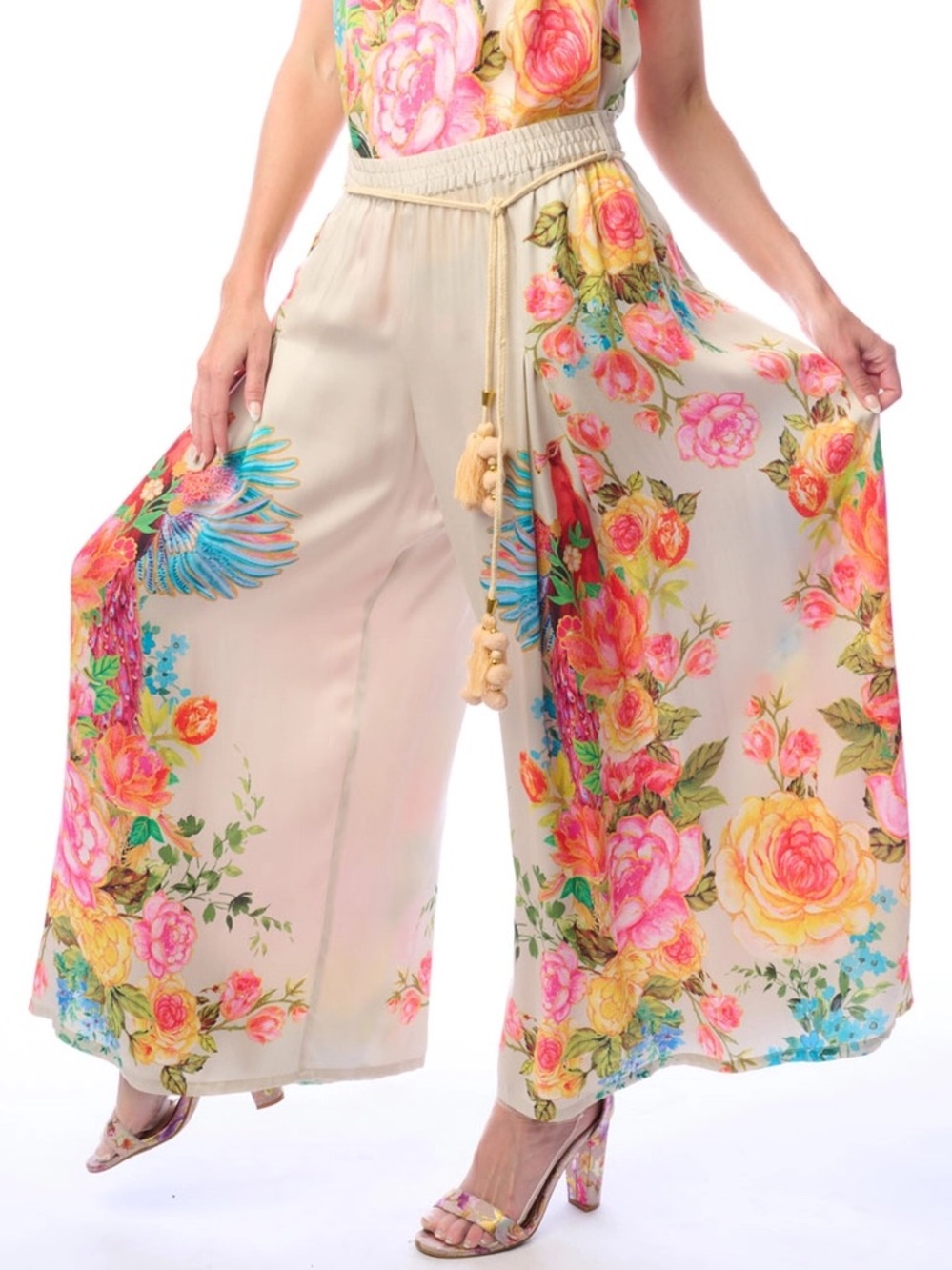 🌸 Aratta Earth Angels Floral Wide Leg Pants Beige Peacock NWT Size M